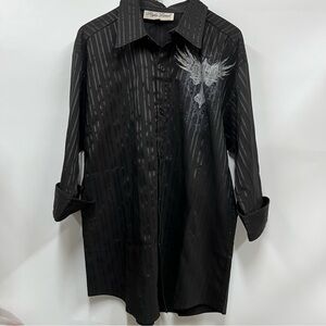 Black Stylish Shirt L pinstripes button up graphic Design bling rosary cross